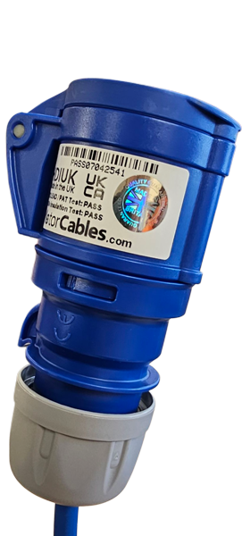Tested and certified Schuko to CEE 16A cable with asset ID tag