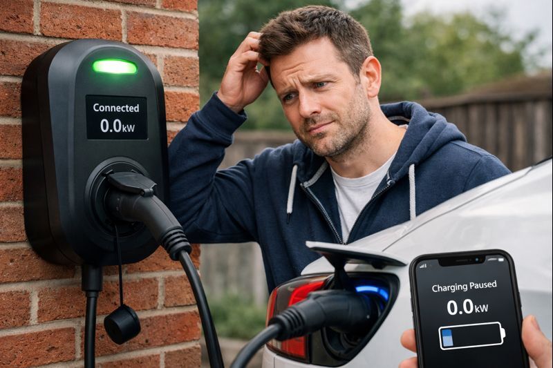 EV charger lights on but no charging power (0 kW) - smart off-peak schedule confusion in UK homes
