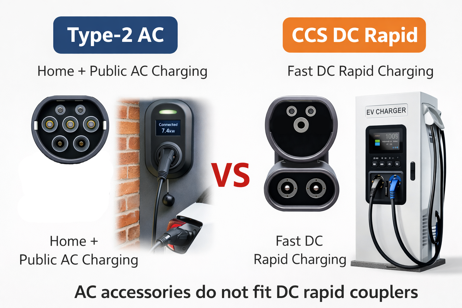 Simple diagram: Type-2 AC home charging versus CCS DC rapid charging connector difference
