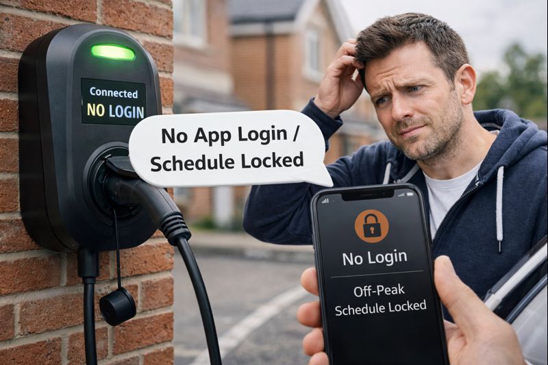 New build EV charger handover issue: homeowner has no app login to override off-peak schedule