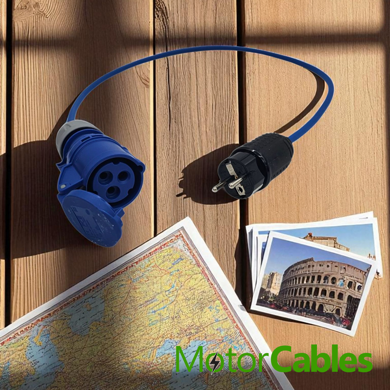 Caravan using Schuko to CEE power cable on European campsite