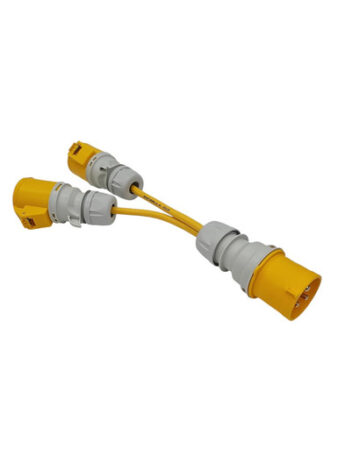 110V 2-Way Site Splitter, Yellow CEE 32A Plug to 2 Sockets, UK Made, 0.3m Arctic Cable