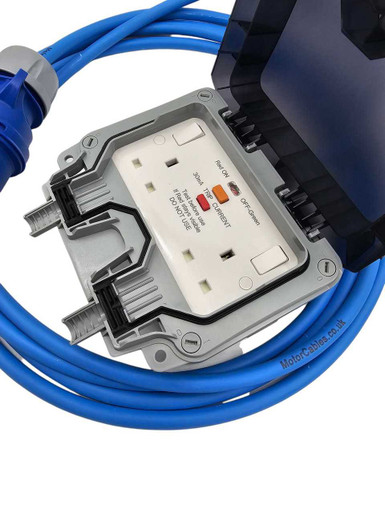 16A Plug To 16A Socket With Inline RCD - 300mm Tails, Blue Or Black, UK Made (PCE)