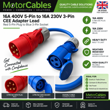 3 phase Breakout 16 Amps - 5 pin red plug to 3 pin Blue socket 400v to 230v
