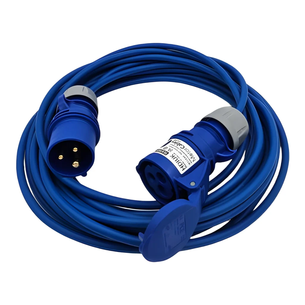 Blue CEE extension lead with plug and socket coupler