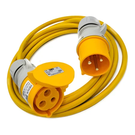 Yellow 110 V CEE extension lead with plug and socket