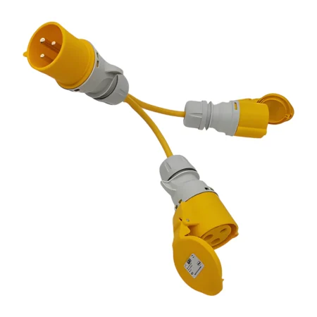 Yellow CEE plug with two trailing socket outlets