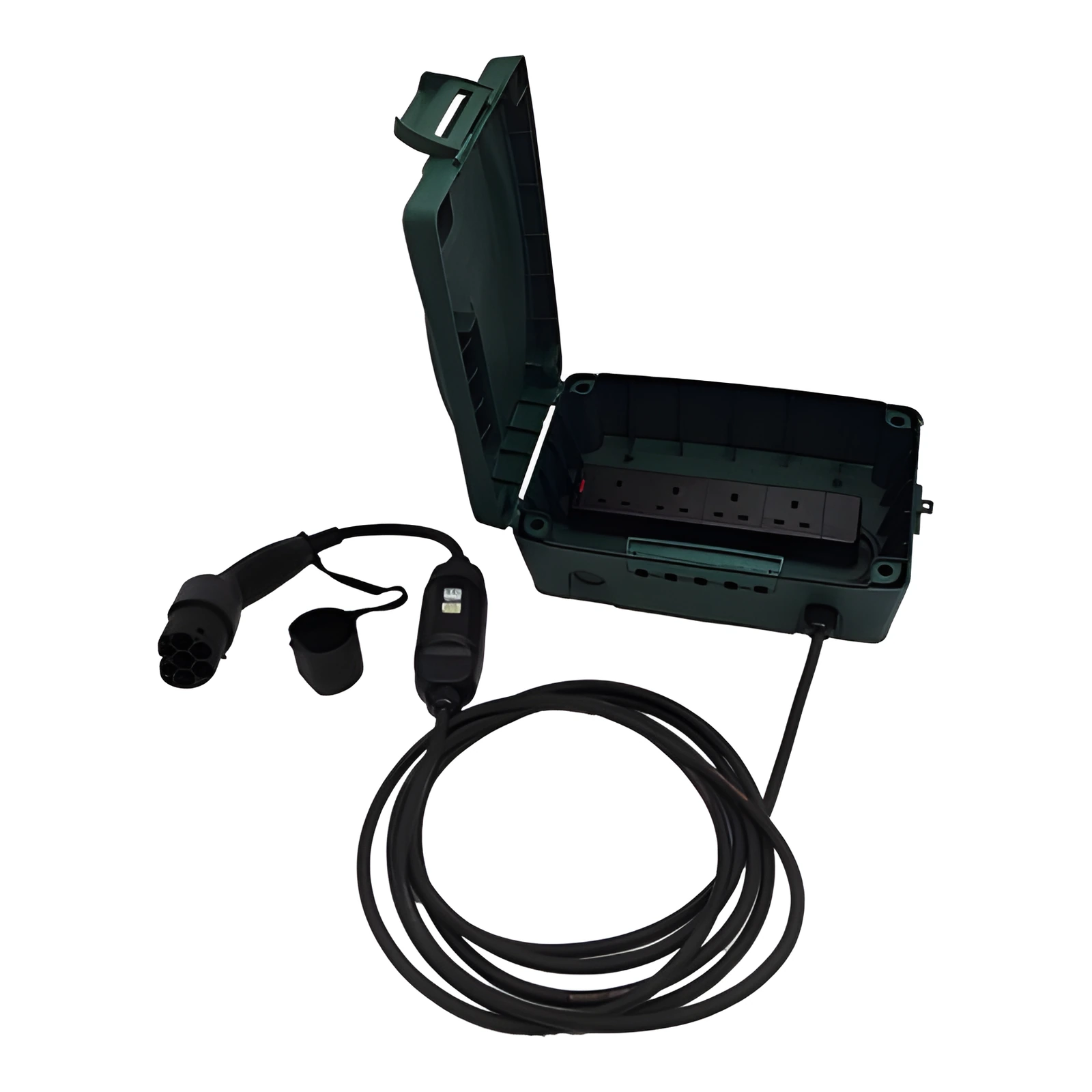 Type-2 EV Charger to Weatherproof 4-Gang Socket with RCD – Outdoor Power Supply for Christmas Lights & Garden Equipment