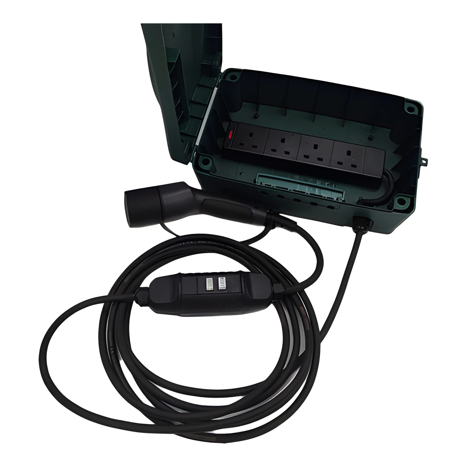 Type-2 EV Charger to Weatherproof 4-Gang Socket with RCD – Outdoor Power Supply for Christmas Lights & Garden Equipment
