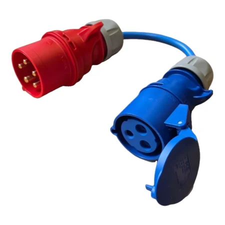 Red five-pin CEE plug to blue single-phase socket lead