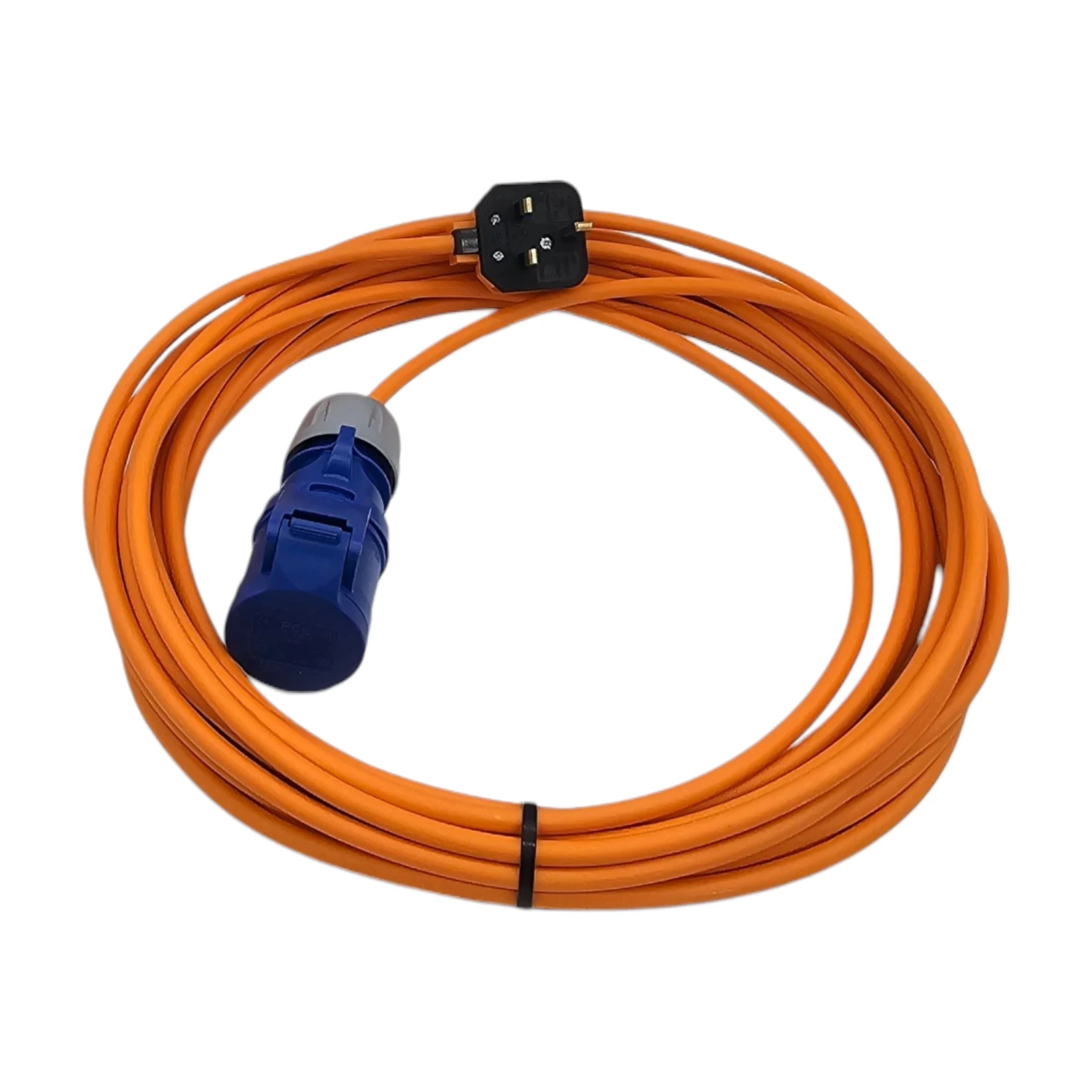 Coiled orange UK plug to blue CEE socket lead