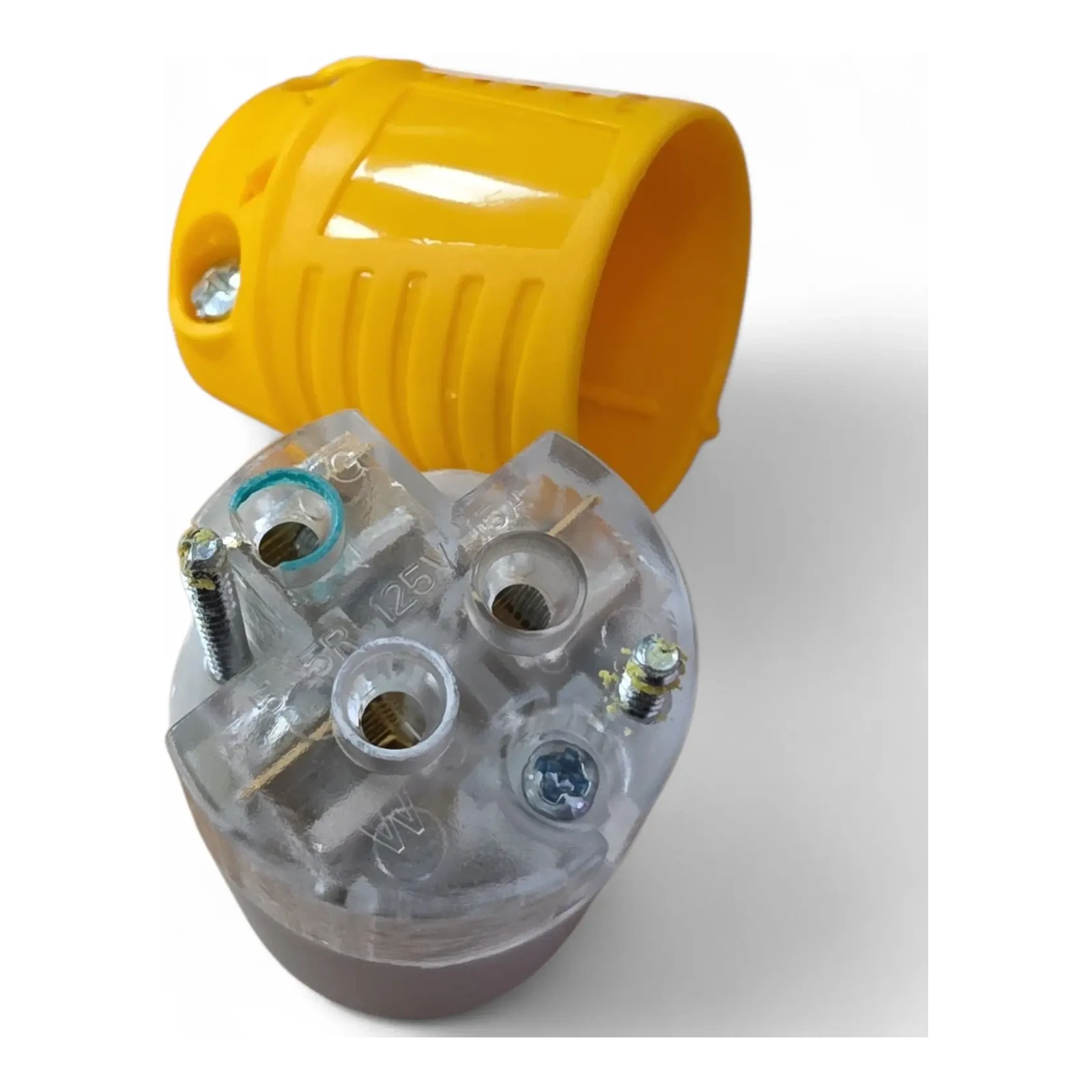 Disassembled yellow self-wire NEMA plug