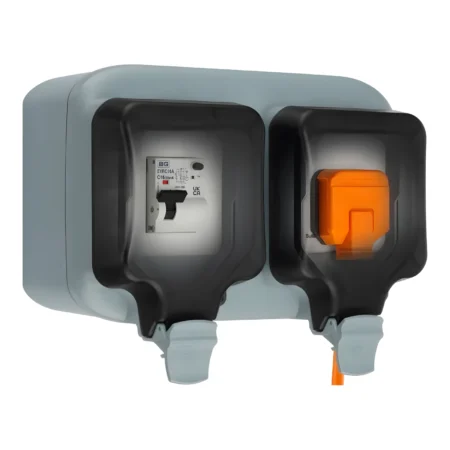 Grey outdoor socket enclosure with covers open