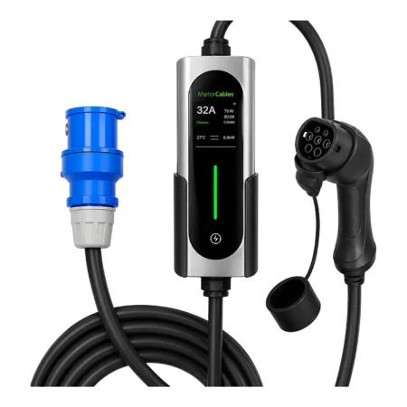 Portable EV charger with blue CEE plug and Type 2 connector