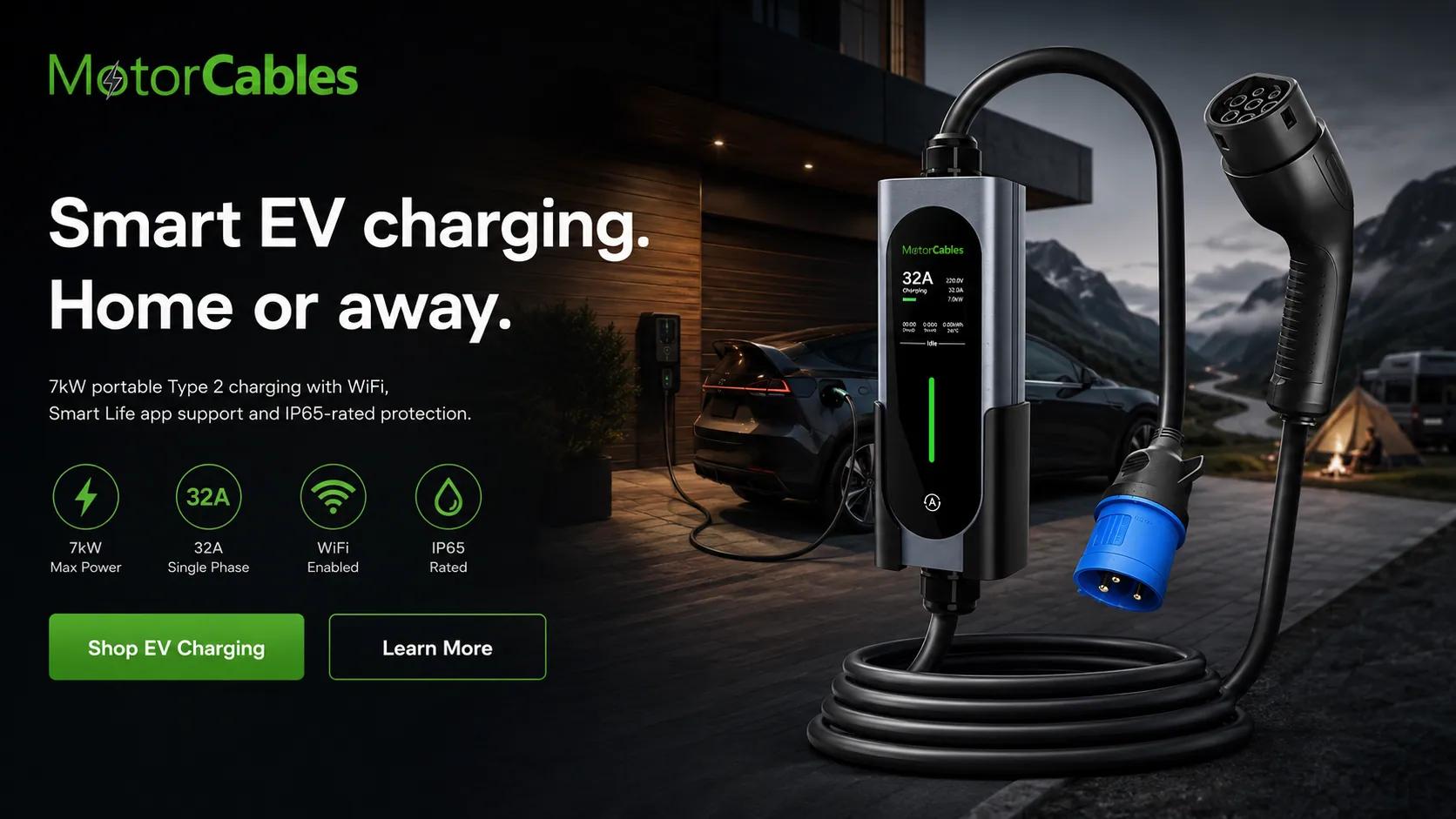 MotorCables Portable EV charger 32A. Granny Charger to Power House. Adjustable upto 7kw. Use at home, at the office, on a capsite or at a friends.