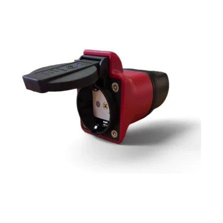 Red and black Type 2 to Schuko adapter with lid open