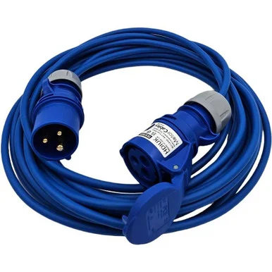 Blue CEE extension lead with plug and socket coupler