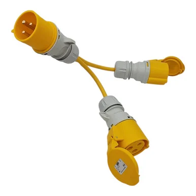 Yellow CEE plug with two trailing socket outlets